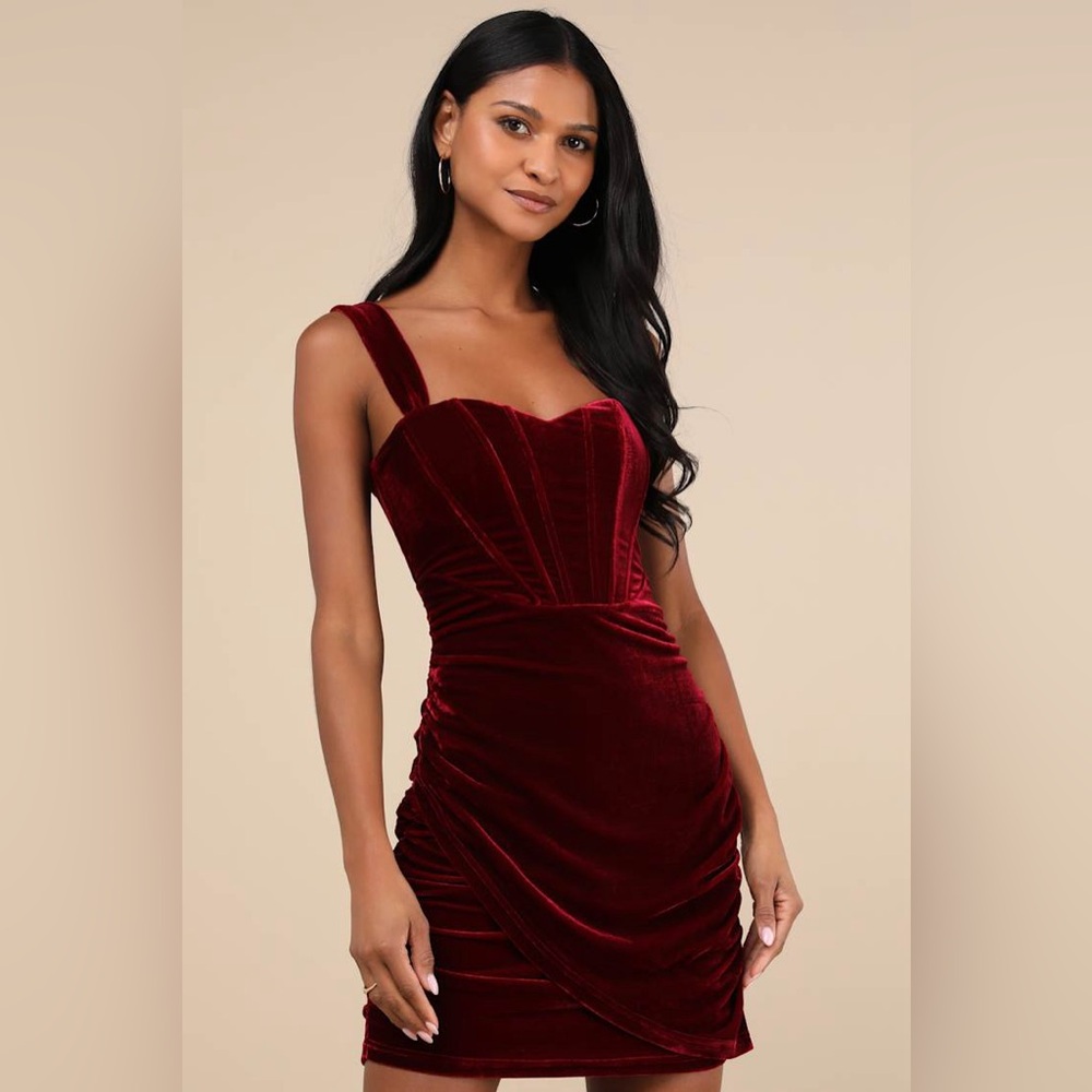 Lulu’s Opulent Mood Burgundy Velvet Bustier Mini Dress